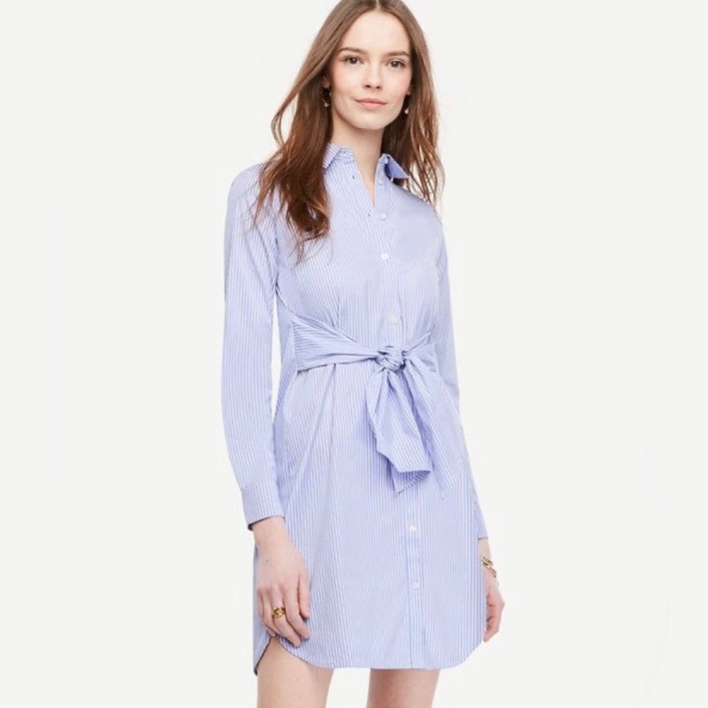 Ann Taylor Petite Tie Front Collared Shirt Dress - Blue and White Striped size L